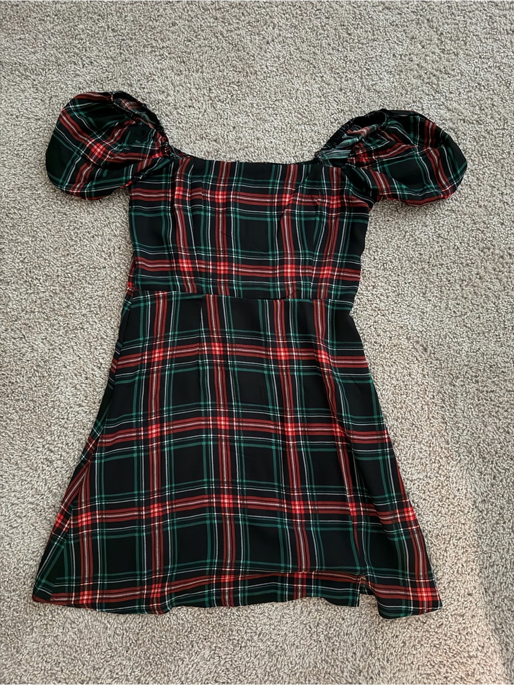 Ina Black, Red & Green Plaid Puff-Sleeve A-Line Dress